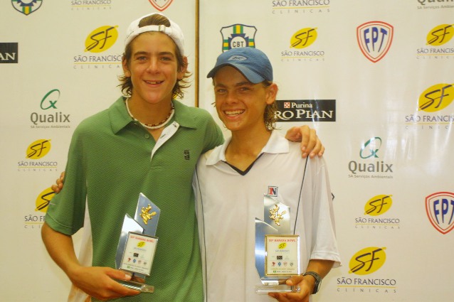 Del Potro e Carvalho com os troféus do Banana Bowl 2003 (Luis Cândido/Alpha Imagem)