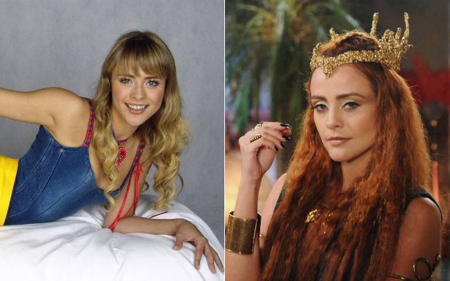 Juliana Silveira como Floribella e na pele da malvada Kalesi em "A Terra Prometida (Fotos: Divulgação e Munir Chatak/Record)