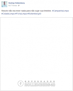 Publicação em branco do senador no Rodrigo Rollemberg (PSB-DF), em referência à campanha contra o uso de cavaletes em Brasília. (Reprodução Facebook)