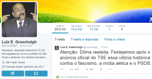 O ex-deputado federal Luiz Greenhalgh (PT-SP) afirma que dilma já está reeleita. (Reprodução / Twitter)